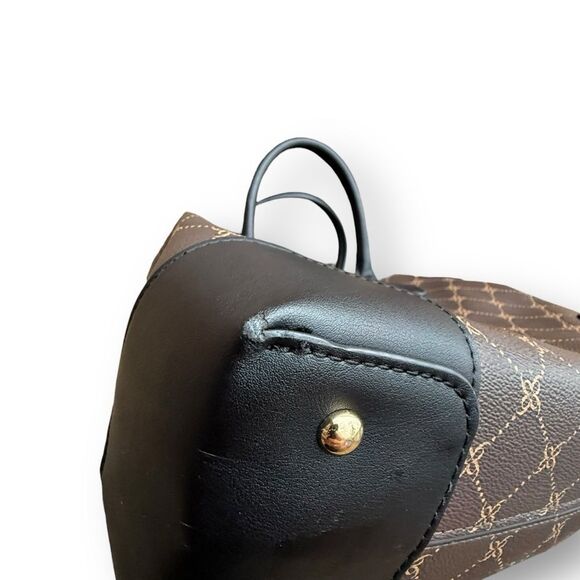 Nine West Brooklyn Jet Set Satchel Brown Black Logo Polyurethane Bag Purse Tote - Picture 4 of 9